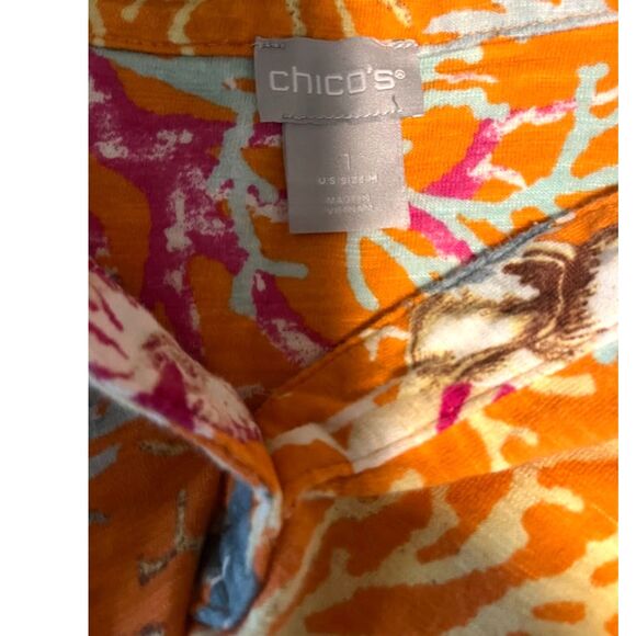 Chico's Tropicalcore Orange/White/Blue Shells & Coral Sides Longer Casual Top M - Picture 2 of 4